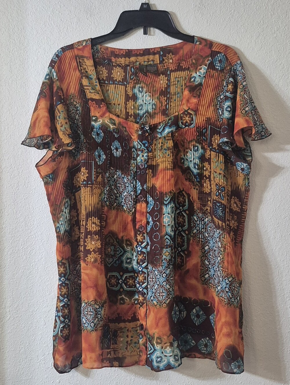 Women's Orange Patchwork Button-Front Flutter Sleeve Shirt